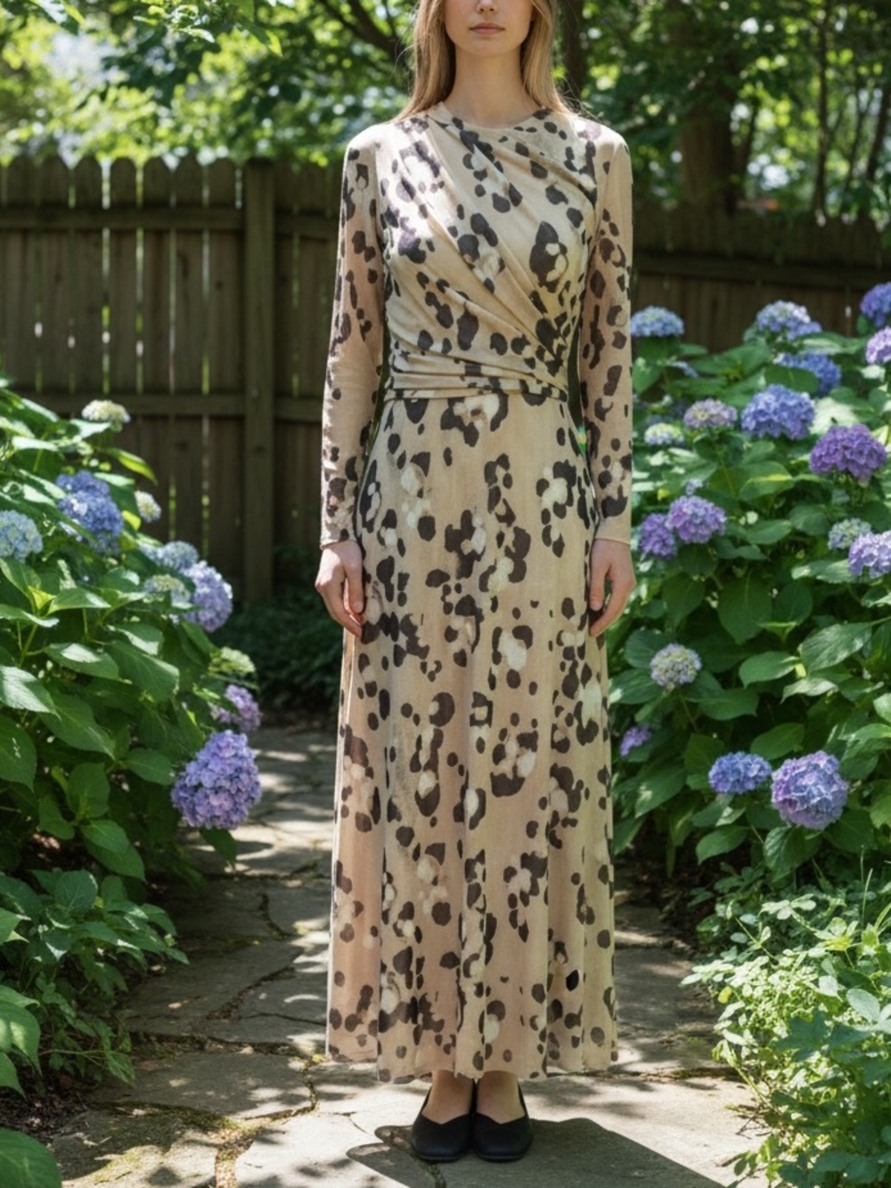 H&M Tan Black Animal Leopard Cheetah Print Mesh Net Long Sleeve Midi Maxi Dress